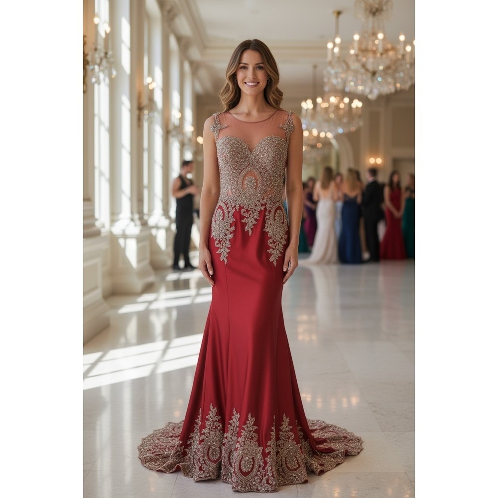 Serendipity Evening Gown Red Gold Crystal Embellished Mermaid Train Size 10